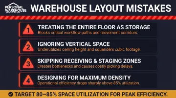 Four common warehouse layout mistakes to avoid with impact descriptions infographic