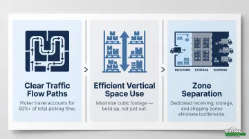 Three key principles of effective warehouse layout design infographic