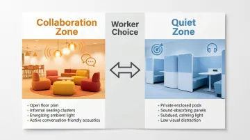 Collaboration versus quiet zone workspace layout design for creative teams infographic