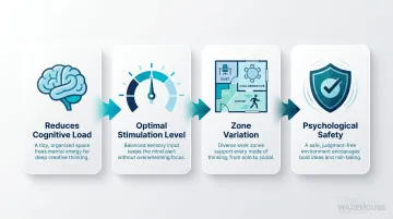 Four key functions of a creativity-supporting workspace design infographic