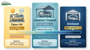 Three RV storage types open covered enclosed comparison chart with cost and protection levels