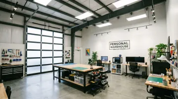 Personal Warehouse creative studio unit interior showing LED lighting and professional electrical setup