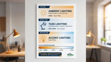 Three-layer creative office lighting guide with color temperature and natural light data