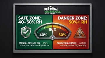 Classic car humidity and corrosion risk thresholds comparison infographic