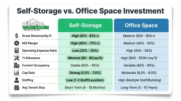 Self-storage versus office space eight-metric side-by-side comparison infographic