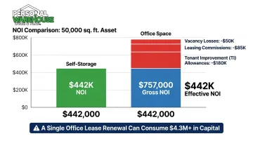 Self-storage versus office NOI margin comparison for 50000 square foot asset