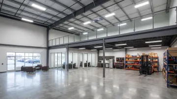 Personal Warehouse customizable flex industrial unit interior with mezzanine and LED lighting