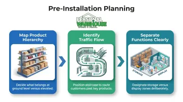 Three-step mezzanine planning process from product mapping to function separation before installation