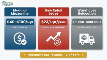Mezzanine installation cost versus warehouse relocation and recurring lease cost comparison