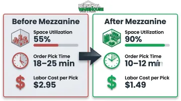 Mezzanine operational efficiency gains showing space utilization and order picking improvements