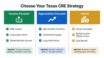 Three Texas commercial real estate investment strategies income appreciation and hybrid comparison
