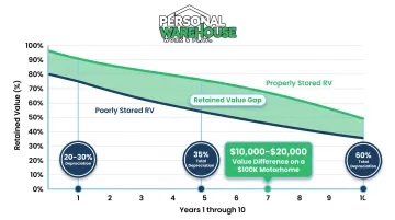 RV depreciation timeline showing value loss at year one five and ten with storage impact