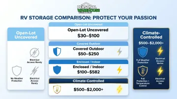 Four-tier RV storage type comparison chart with cost and protection levels