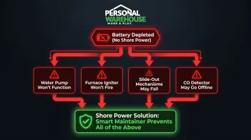 RV battery depletion cascade effect showing four failing systems without shore power
