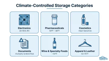 Six inventory categories requiring climate-controlled storage with temperature humidity thresholds