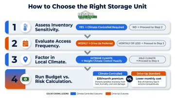 Four-step business storage decision framework from inventory sensitivity to budget risk calculation