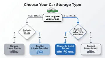 Decision flowchart for choosing standard versus climate-controlled car storage
