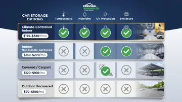 Four-tier car storage comparison infographic from outdoor to climate-controlled units