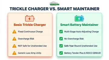 Basic trickle charger versus smart battery maintainer side-by-side comparison chart