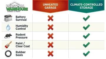 Unheated garage versus climate-controlled storage five-factor comparison infographic