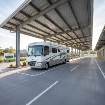 RV parked under covered storage structure