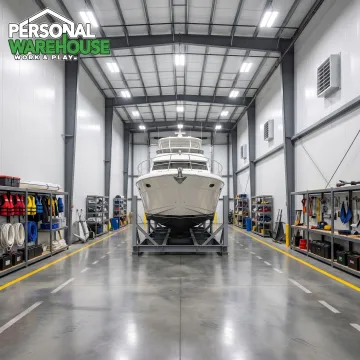 Secure indoor boat storage interior