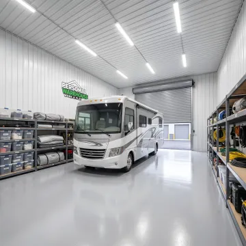 RV parked inside enclosed storage unit