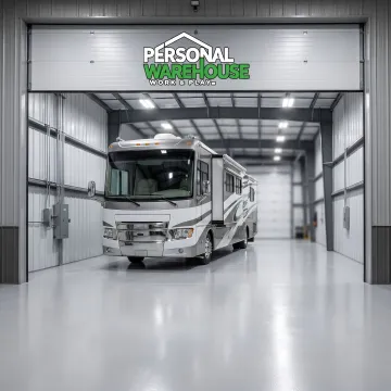 RV stored inside a heated enclosed storage unit
