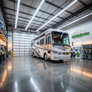 Motorhome stored inside climate-controlled warehouse space