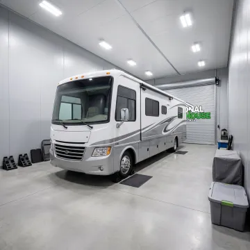 RV parked inside climate controlled storage unit