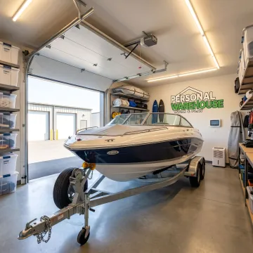 Boat stored inside enclosed climate controlled unit