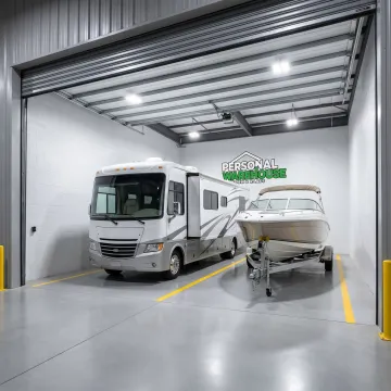Boat and RV stored inside secure warehouse unit