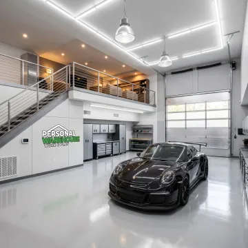 Custom garage condo with vehicle and mezzanine
