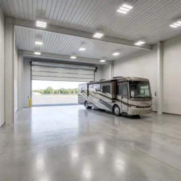 Interior RV storage space with overhead door