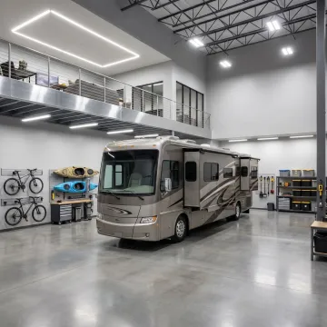 Interior of a private RV garage condo with finished storage space