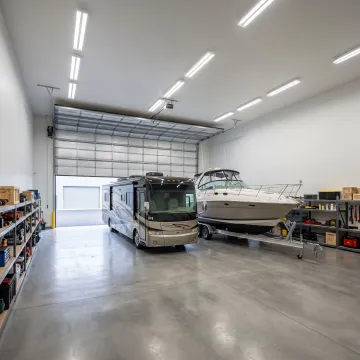 Boat and RV stored inside premium warehouse unit