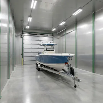 Indoor boat storage with climate protection features