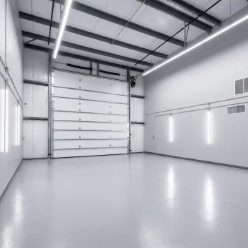 Interior RV and boat storage space with overhead door