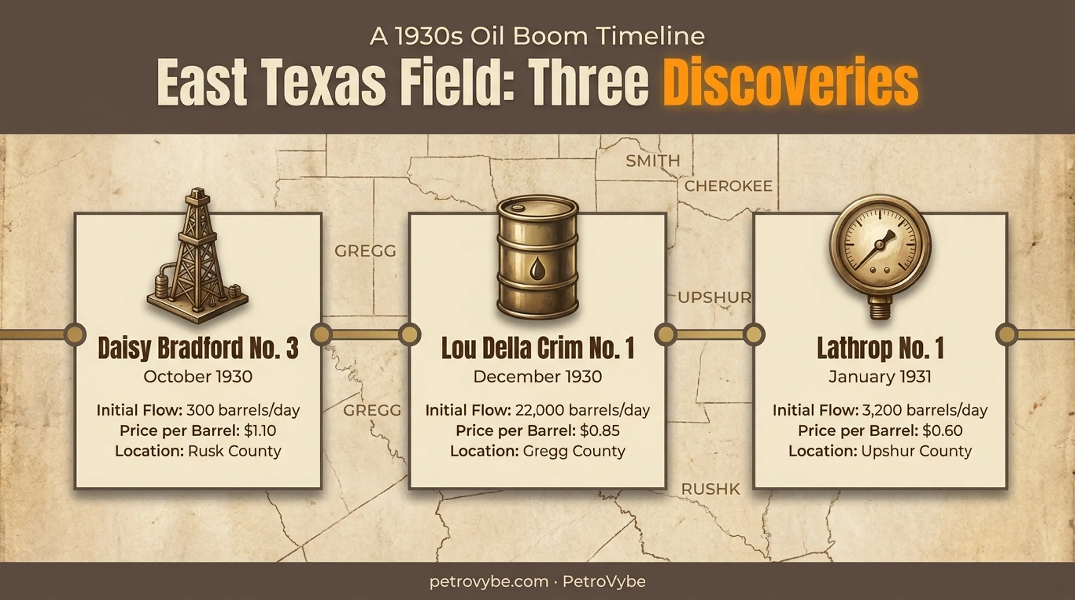 Timeline of 1930s East Texas oil field discovery well sequence