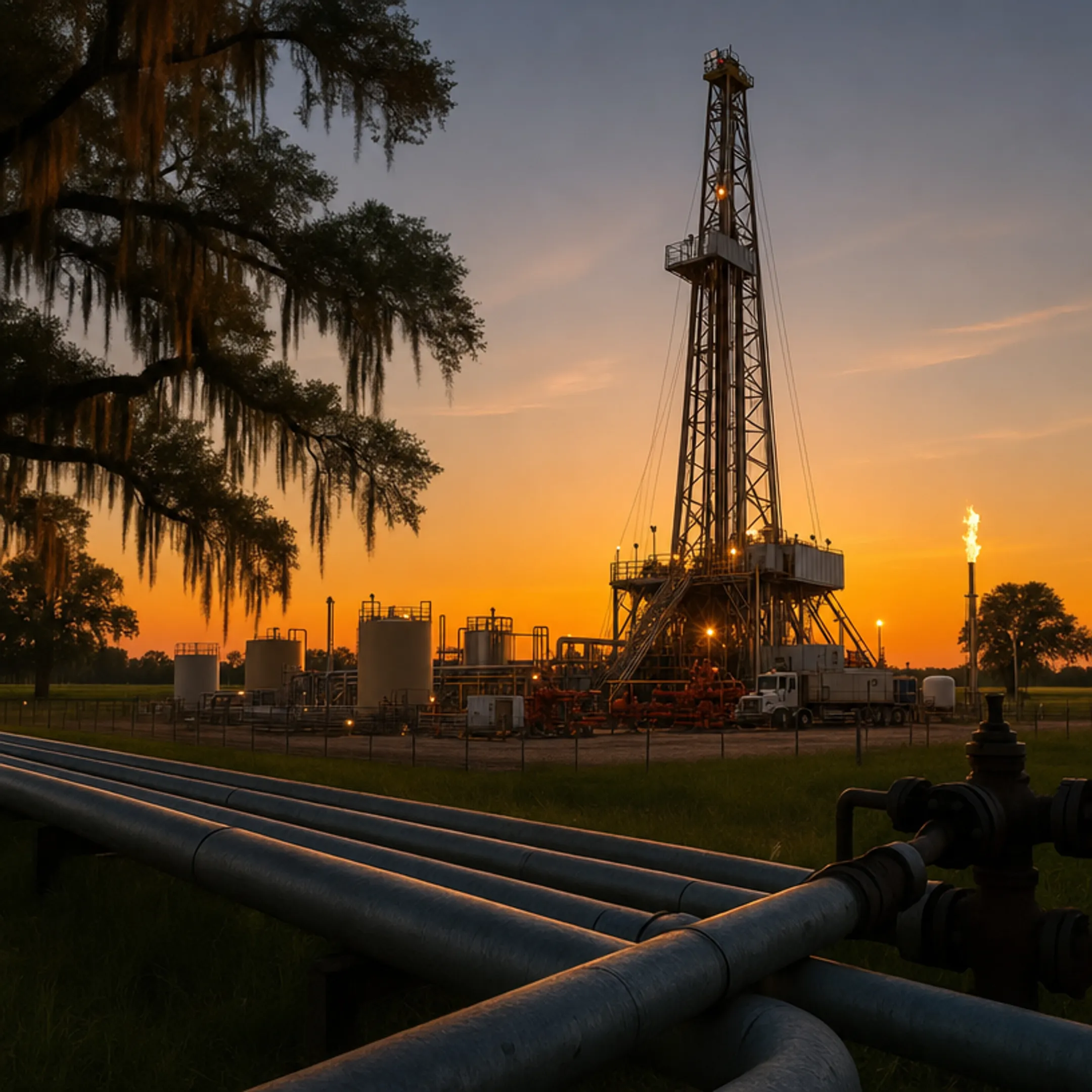 Natural gas drilling rig operation in Gulf Coast Basin oil field
