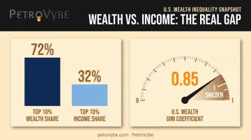 Top 10% wealth share versus income share comparison with Gini coefficient