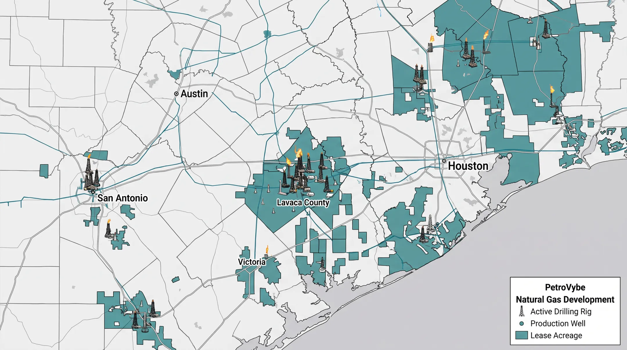 PetroVybe natural gas development acreage map East Texas Gulf Coast
