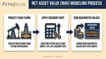 Three-step NAV modeling process flow for upstream valuation