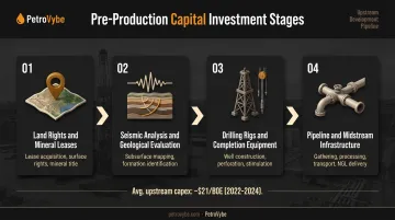 Oil and gas pre-production capital investment stages from land rights to infrastructure