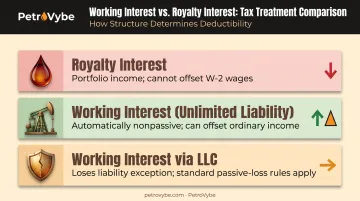 Royalty versus working interest tax treatment and loss offset comparison chart
