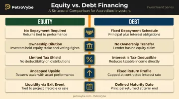 Equity versus debt financing five-dimension comparison chart for accredited investors
