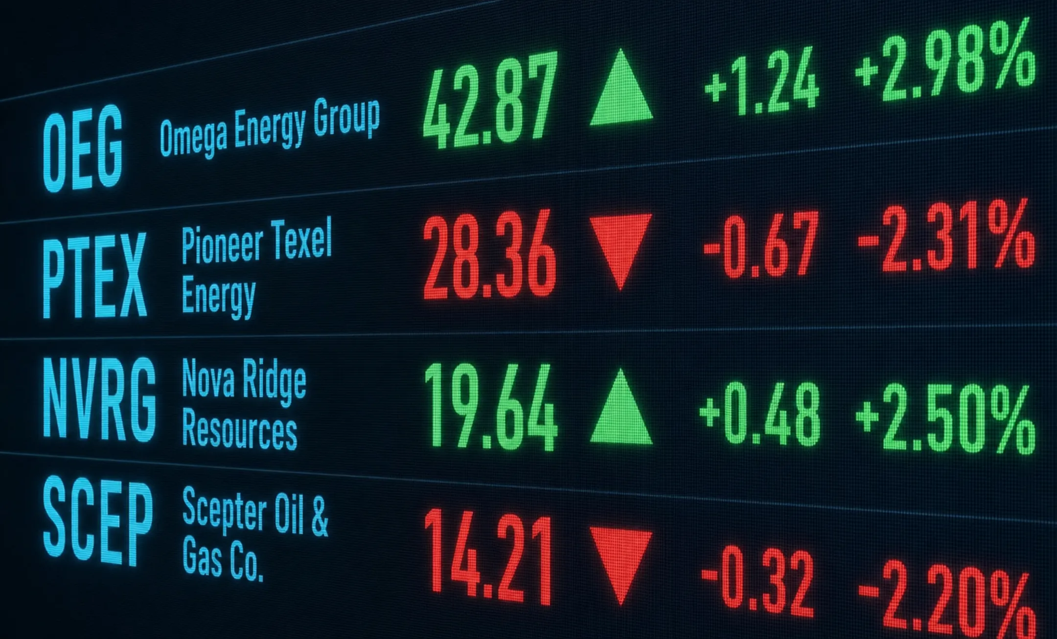 Stock market ticker board displaying major oil and gas company shares