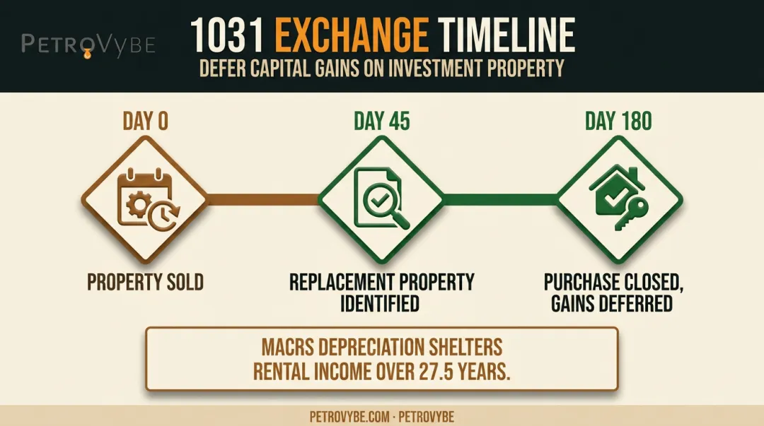 1031 exchange timeline showing 45-day identification and 180-day closing deadlines