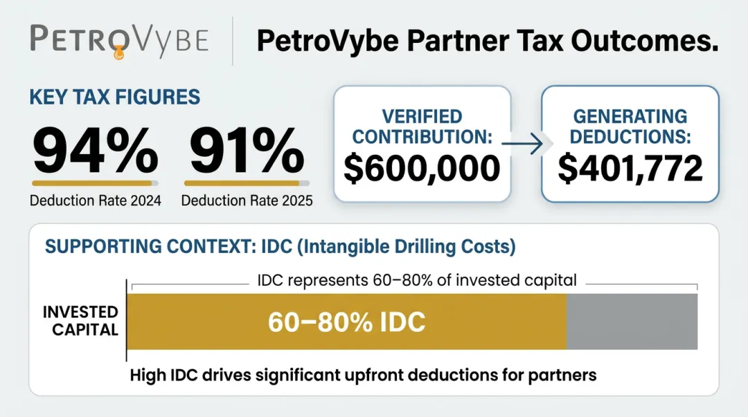 PetroVybe investor tax deduction results showing IDC percentage and capital contribution example