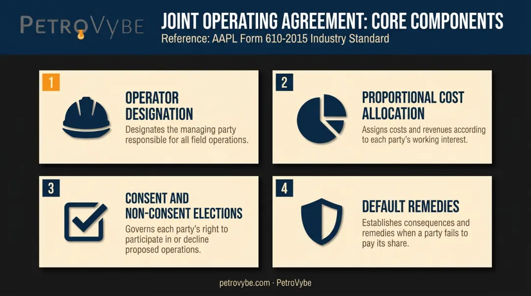 Joint operating agreement four key components structure breakdown infographic for oil and gas